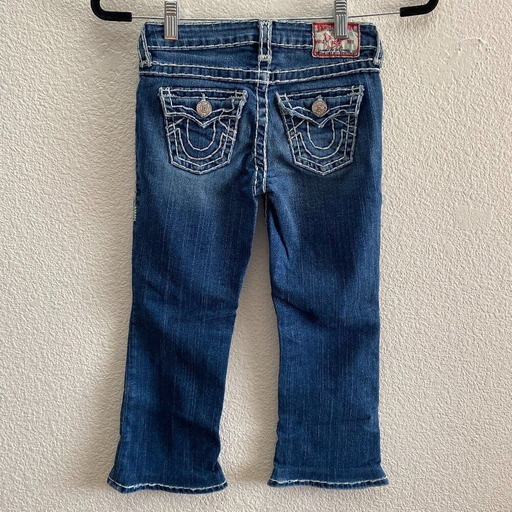 Y2K VTG Girls True Religion Billy Super T Jeans Size 8 Dark Wash Flap Pocket